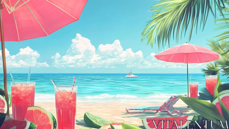 Tropical beachscape renders pink umbrellas and citrus drinks