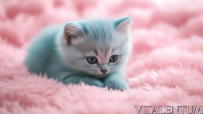 Pale kitten rests on plush pink fabric with tranquil gaze.
