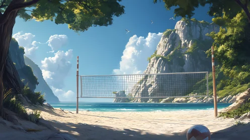 Sunlit beach volleyball court beneath towering cliffs.