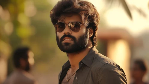 Bearded man in sunglasses under warm cinematic backlight.