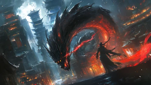 Incandescent ether-dragon encircling sorcerer in burning megacity.