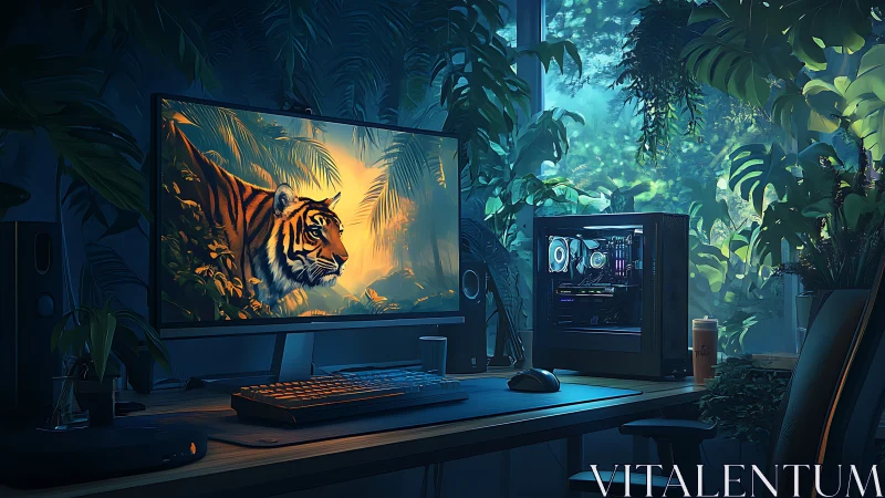 Modern PC desk in lush indoor jungle workspace setup.