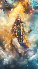 Mystic Hindu sage levitates amid cosmic clouds and light.