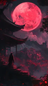 Crimson supermoon above foggy hillside temple and village