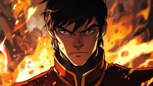 Intense anime warrior in red before blazing flames.