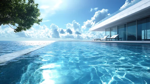 Infinity pool merges with serene ocean under radiant sky