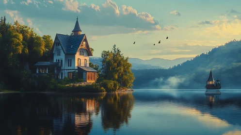 Lakeside house with boat and forested hills at dusk.