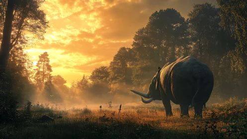 Rhino silhouettes under molten sunrise across misty forest