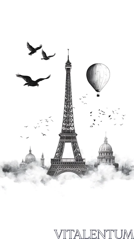 Monochrome Eiffel Tower with birds, balloon, and domes.