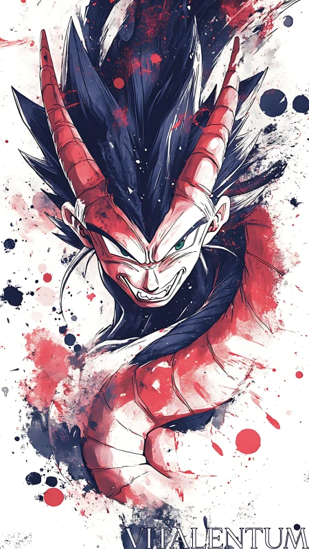 Demonic anime warrior portrait in splattered red ink style.