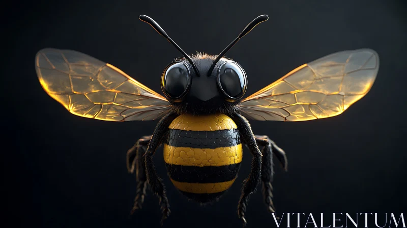 3D stylized bee study with luminous wings on dark ground.