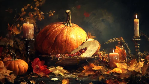 Autumn pumpkin still life with candles and golden leaves.