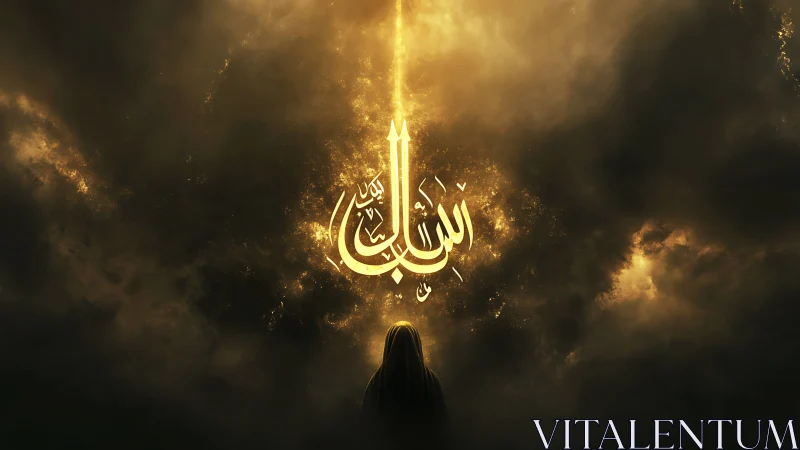 Golden calligraphy ascends through stormlit celestial clouds.