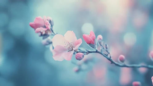 Delicate Pink Blossoms Dancing in Soft Blue.