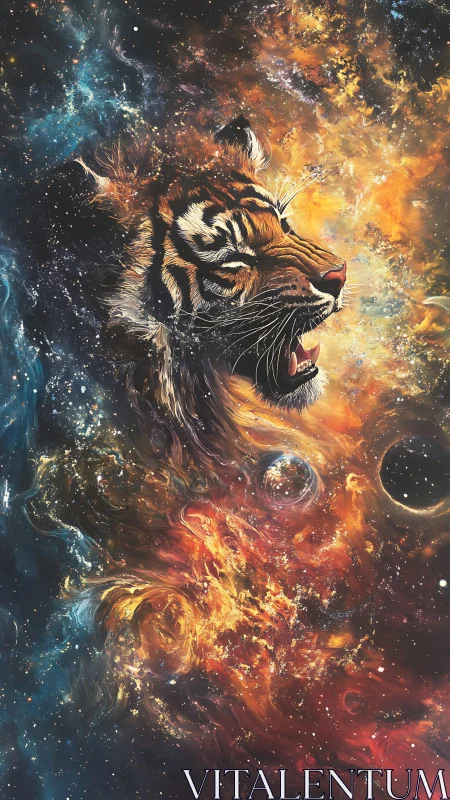 Cosmic tiger roars through swirling stellar nebula flames.