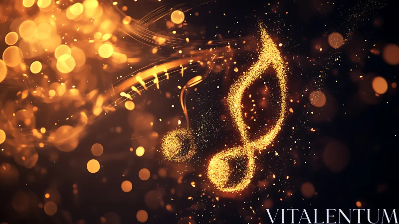 Golden music notes glow within abstract bokeh field.