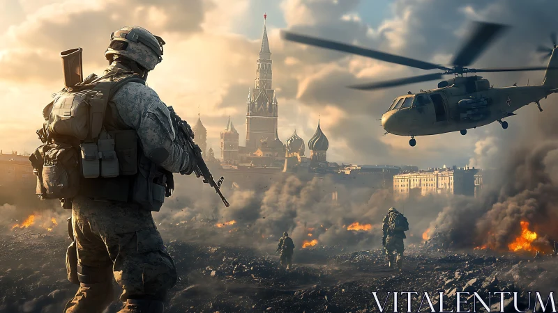 Military incursion unfolds before burning Kremlin skyline.