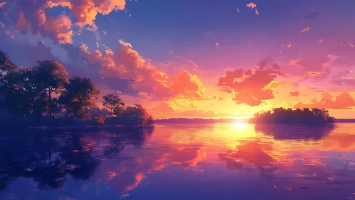 Skyfire lake horizon ignites in molten violet and gold light.