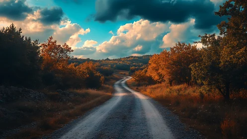 Gravel country road winding through vivid autumn hillside landscape.