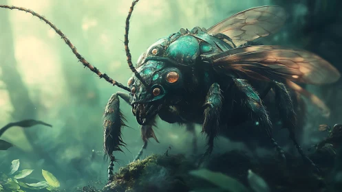 Gigantic insect-like creature in misty forest environment.