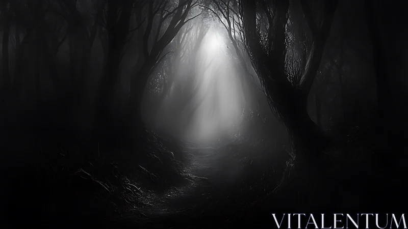 Dark forest path under eerie white light beam at night.