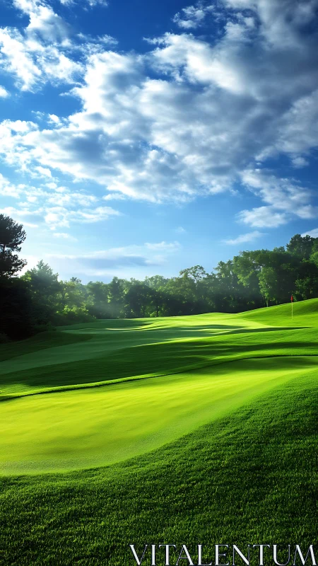 Sunlit golf fairway with sculpted greens under stratocumulus sky