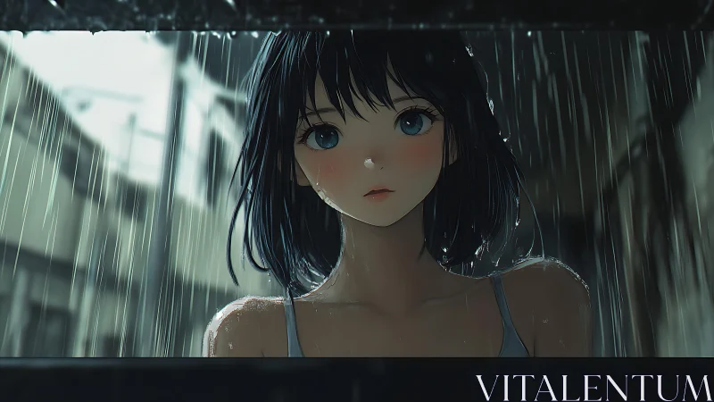 Girl with short dark hair stands in heavy rain at night