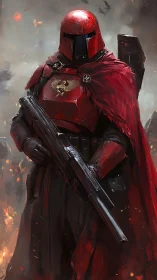 Digital painting of red armored sci-fi sentry in battle cloak.