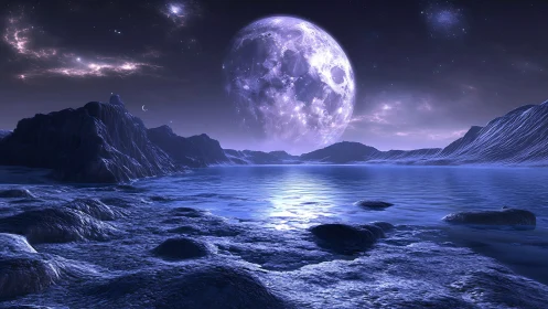 Lunar-dominated exoplanet shoreline under bioluminescent sky.