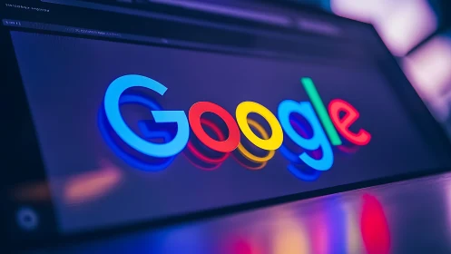 Google logo glows on a tablet screen in vivid neon light