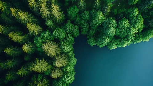 Aerial view of dense green forest beside tranquil blue lake.