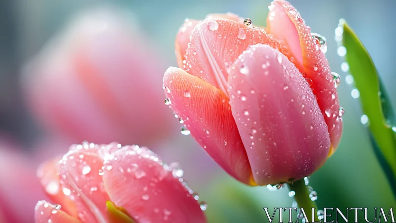 Pink tulips adorned with morning dewdrops in soft light