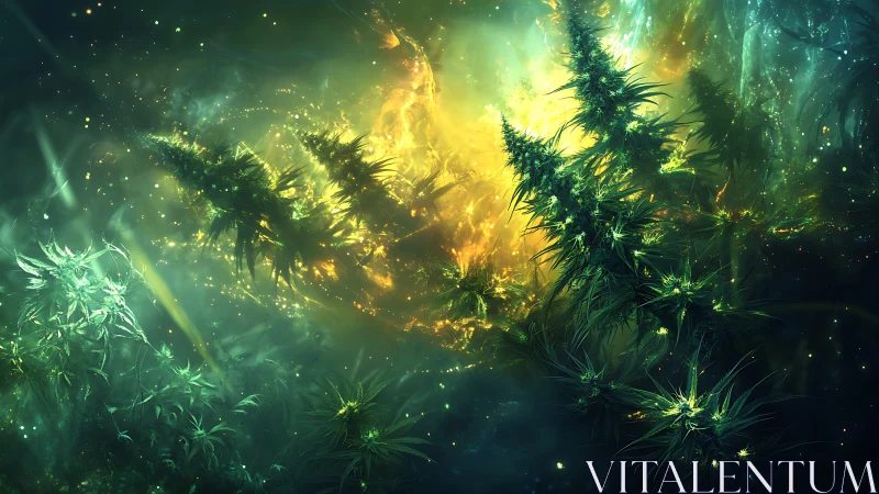 Futuristic botanical forms in luminous abstract environment.