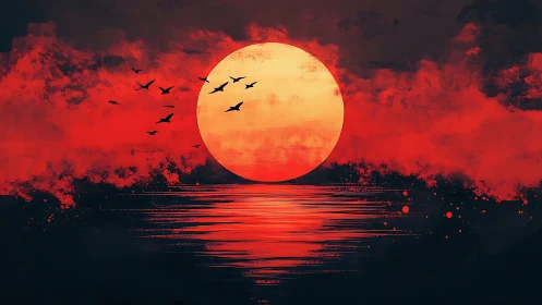 Red sun over dark sea with birds in silhouette at dusk.