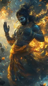 Mythic blue-skinned figure in flames and swirling cloth.