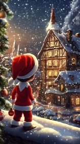 Child in Santa suit gazes over glowing snowy village at dusk.