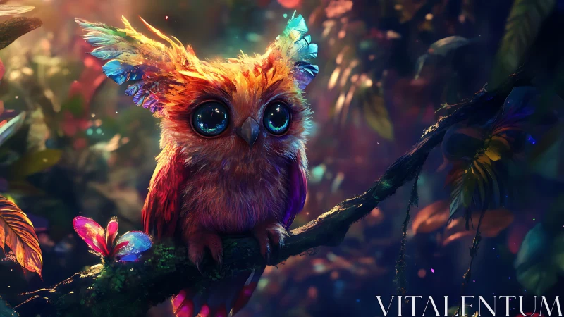Enchanted Baby Owl with Luminous Feathers in Magical Forest.