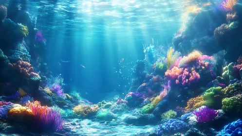 Submerged coral valley under filtered daylight beams.