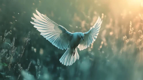 White dove in flight with glowing wings, nature photography style.