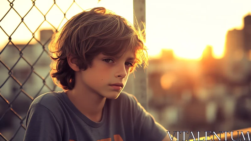 Young boy lost in thought by a city fence at golden sunset
