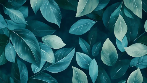 Teal leaf pattern over deep blue botanical background.
