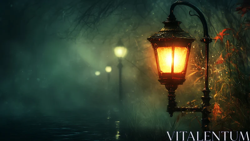 Moody forest lantern path in atmospheric digital painting.