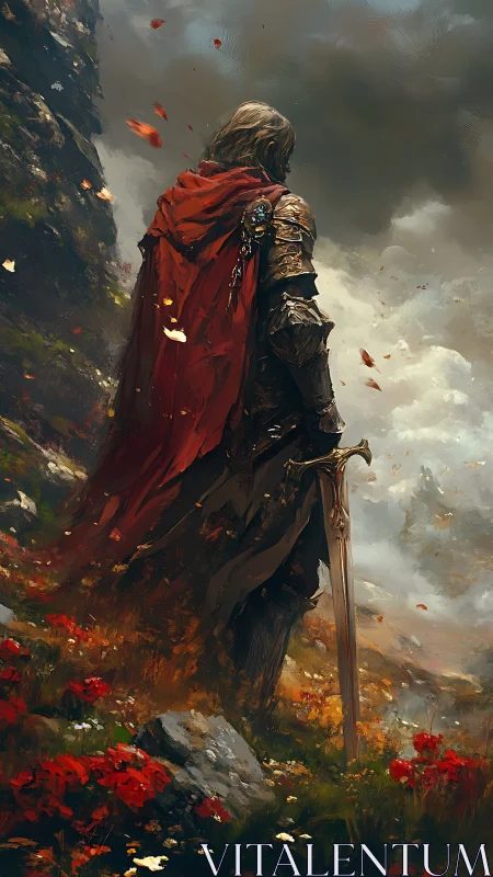 Armored warrior with sword in stormy mountain valley.