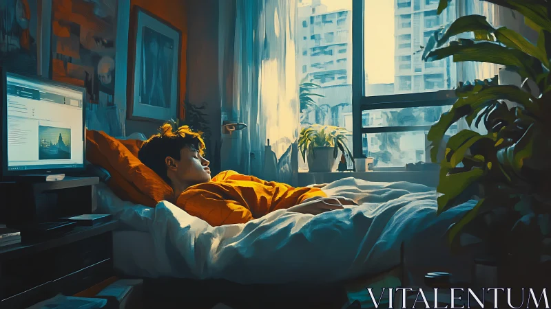 Digital painting of teen resting in sunlit urban bedroom