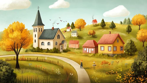 Autumn village landscape illustrates stylized rural architecture