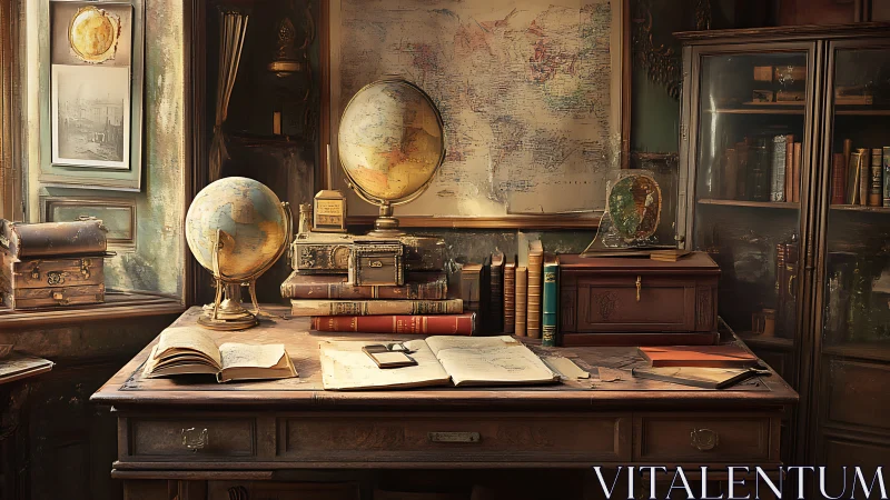Historian&rsquo;s study desk with globes and archival cartography.