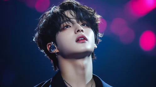 Stage-lit close-up of performer with bokeh background and glossy skin