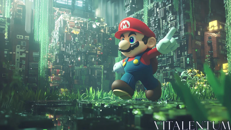 Joyful red-capped hero exploring a lush neon jungle city.