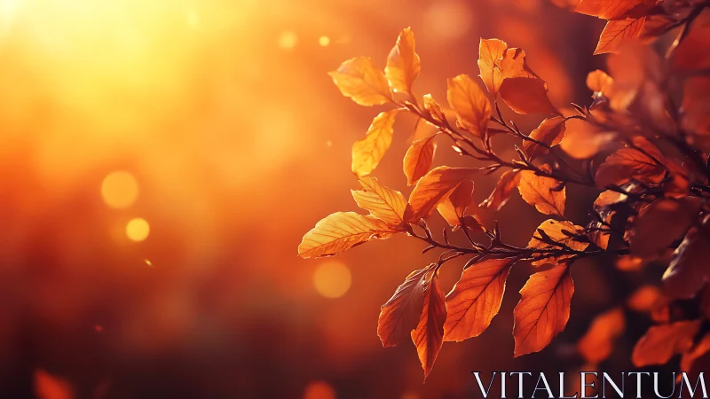 Autumn leaves glowing in warm golden backlight at sunset.
