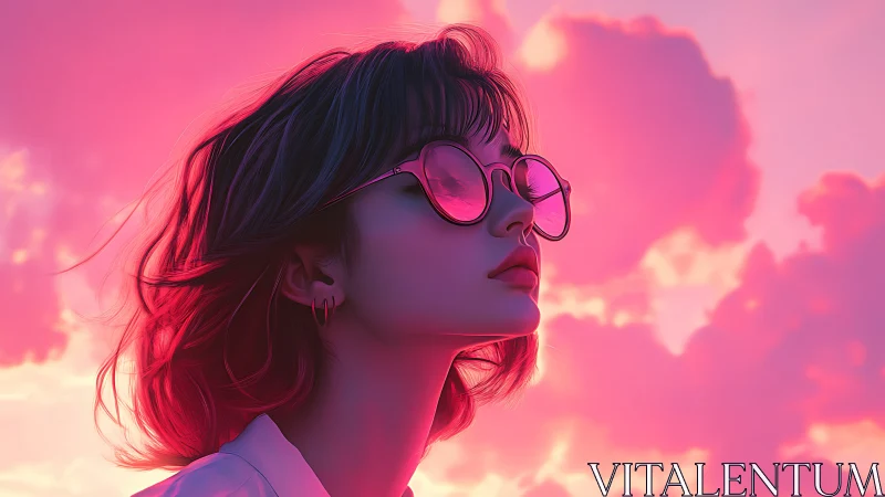 Profile of woman in sunglasses against pink cloud sky.